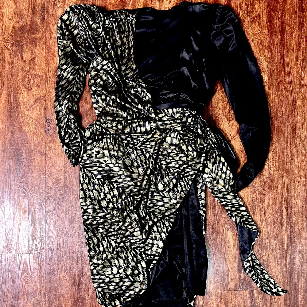 Black Satin and Gold leaf Wrap dress. Size Small.